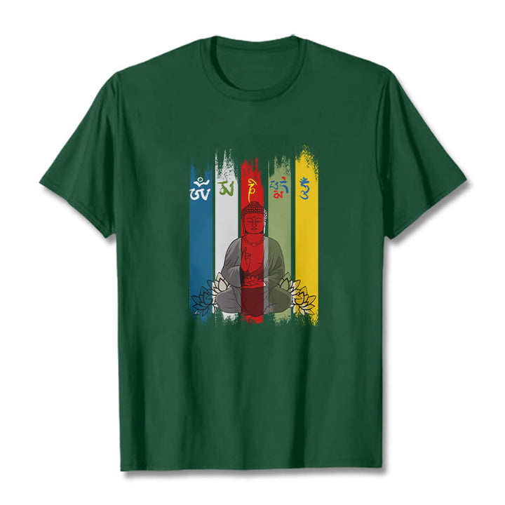 T-shirt en coton Bouddha assis avec lotus et Buddha Stones Six mots vrais « Om Mani Padme Hum »