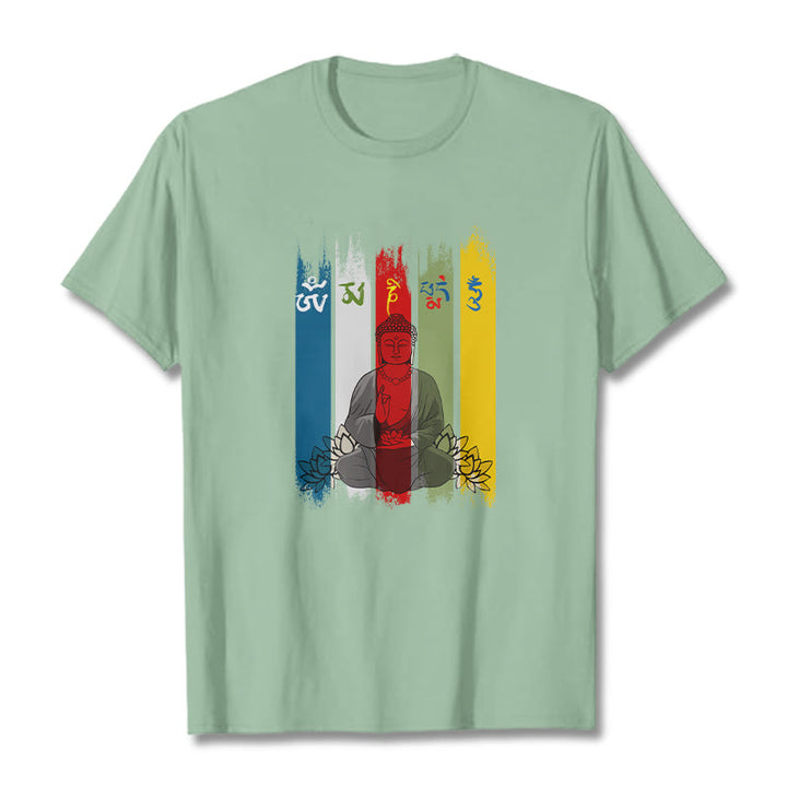T-shirt en coton Bouddha assis avec lotus et Buddha Stones Six mots vrais « Om Mani Padme Hum »