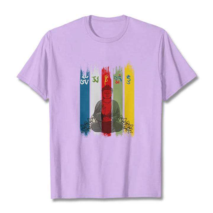 T-shirt en coton Bouddha assis avec lotus et Buddha Stones Six mots vrais « Om Mani Padme Hum »