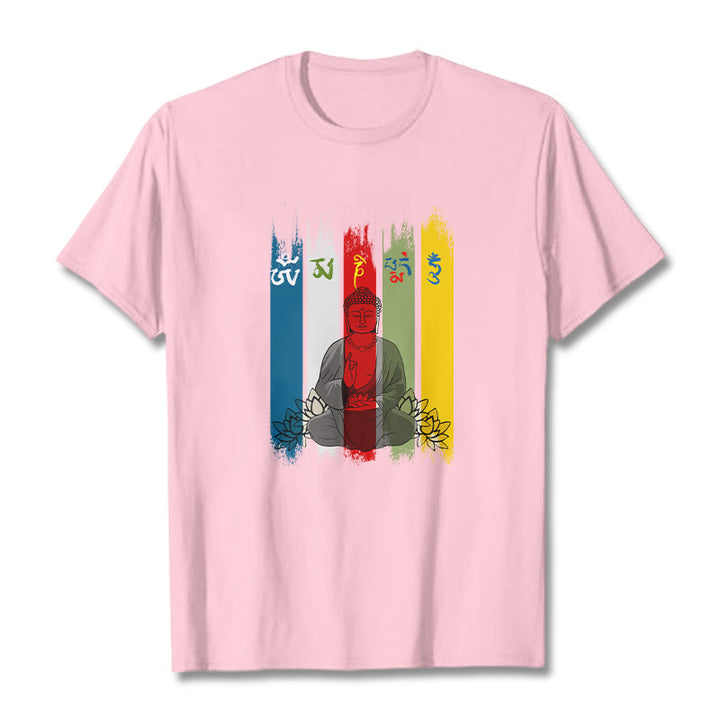 T-shirt en coton Bouddha assis avec lotus et Buddha Stones Six mots vrais « Om Mani Padme Hum »