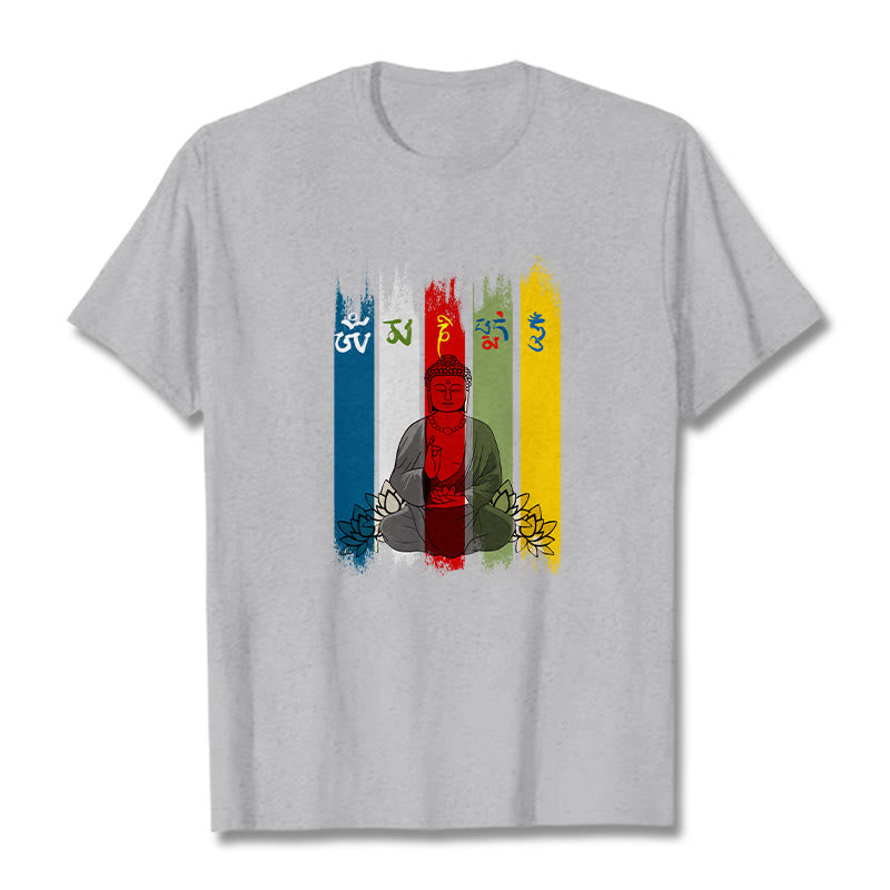 T-shirt en coton Bouddha assis avec lotus et Buddha Stones Six mots vrais « Om Mani Padme Hum » - Gris clair - 2XL - image 1