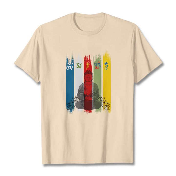 T-shirt en coton Bouddha assis avec lotus et Buddha Stones Six mots vrais « Om Mani Padme Hum »