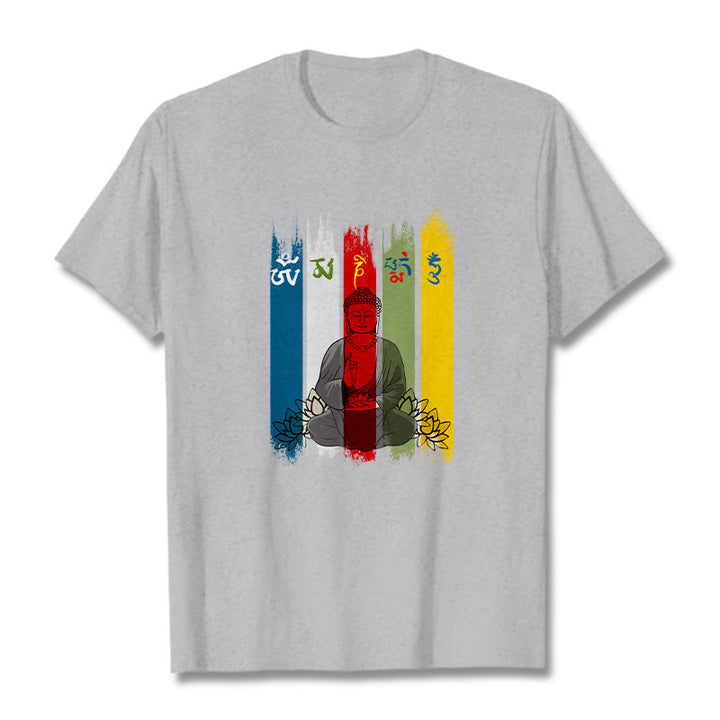 T-shirt en coton Bouddha assis avec lotus et Buddha Stones Six mots vrais « Om Mani Padme Hum »