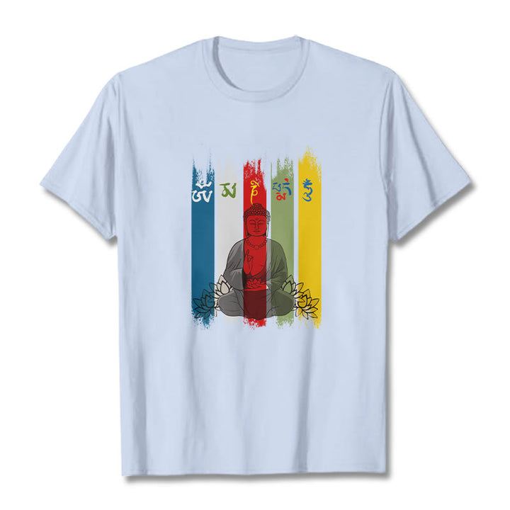 T-shirt en coton Bouddha assis avec lotus et Buddha Stones Six mots vrais « Om Mani Padme Hum »