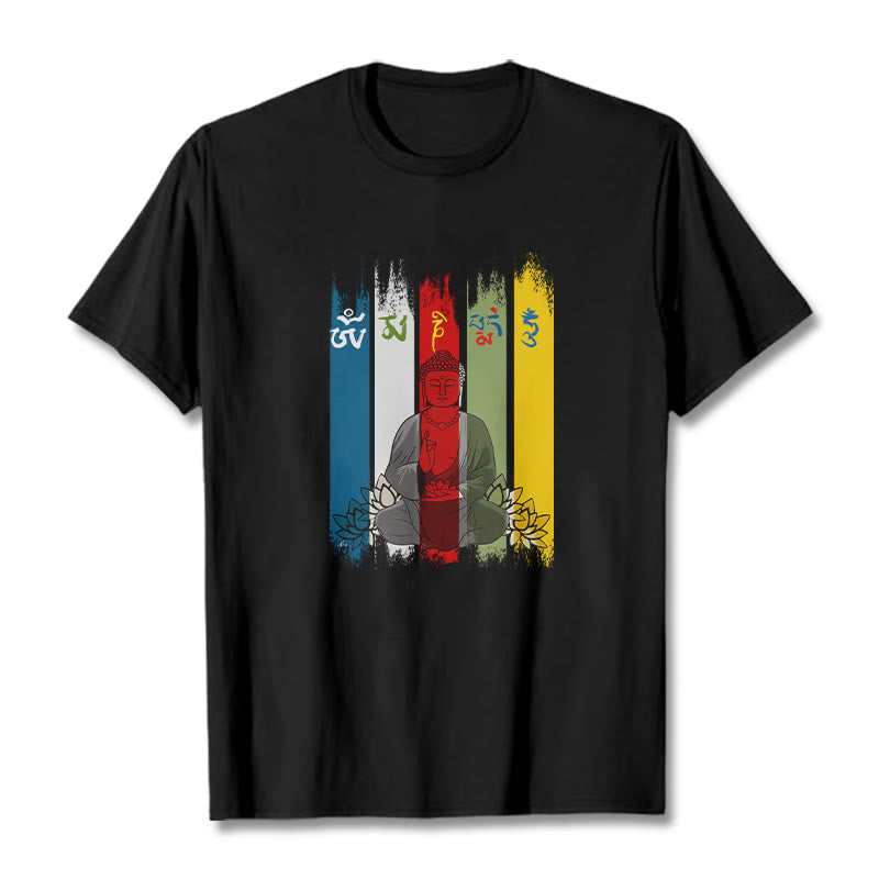 T-shirt en coton Bouddha assis avec lotus et Buddha Stones Six mots vrais « Om Mani Padme Hum »