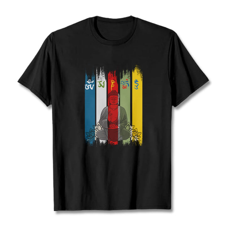 T-shirt en coton Bouddha assis avec lotus et Buddha Stones Six mots vrais « Om Mani Padme Hum »