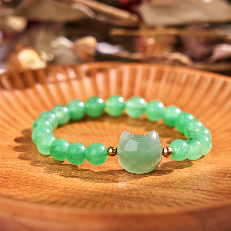 Bracelet porte-bonheur en Buddha Stones, améthyste, aventurine verte, quartz rose, fluorite, tête de chat - Aventurine verte (tour de poignet : 16-17 cm) - image 7