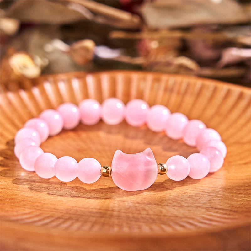 Bracelet porte-bonheur en Buddha Stones, améthyste, aventurine verte, quartz rose, fluorite, tête de chat - Quartz rose (tour de poignet : 16-17 cm) - image 12