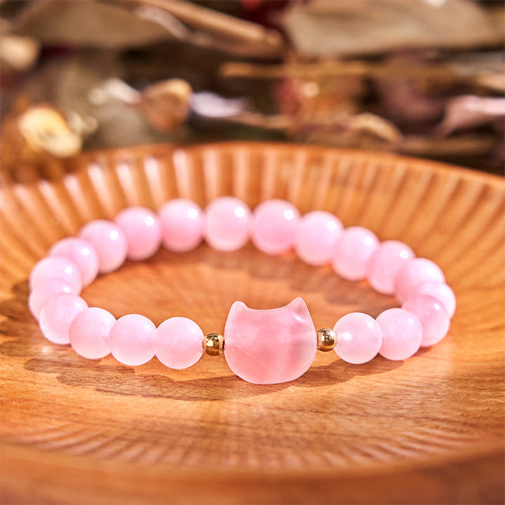 Bracelet porte-bonheur en Buddha Stones, améthyste, aventurine verte, quartz rose, fluorite, tête de chat - Quartz rose (tour de poignet : 16-17 cm) - image 12
