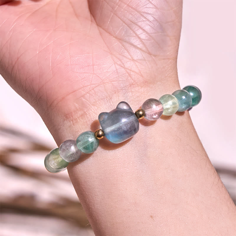 Bracelet porte-bonheur en Buddha Stones, améthyste, aventurine verte, quartz rose, fluorite, tête de chat - image 17