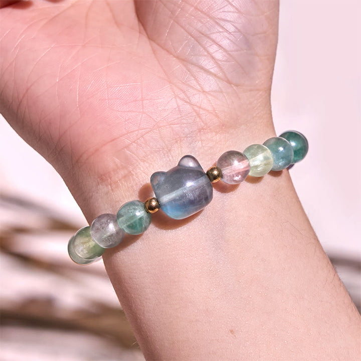 Bracelet porte-bonheur en Buddha Stones, améthyste, aventurine verte, quartz rose, fluorite, tête de chat - image 17