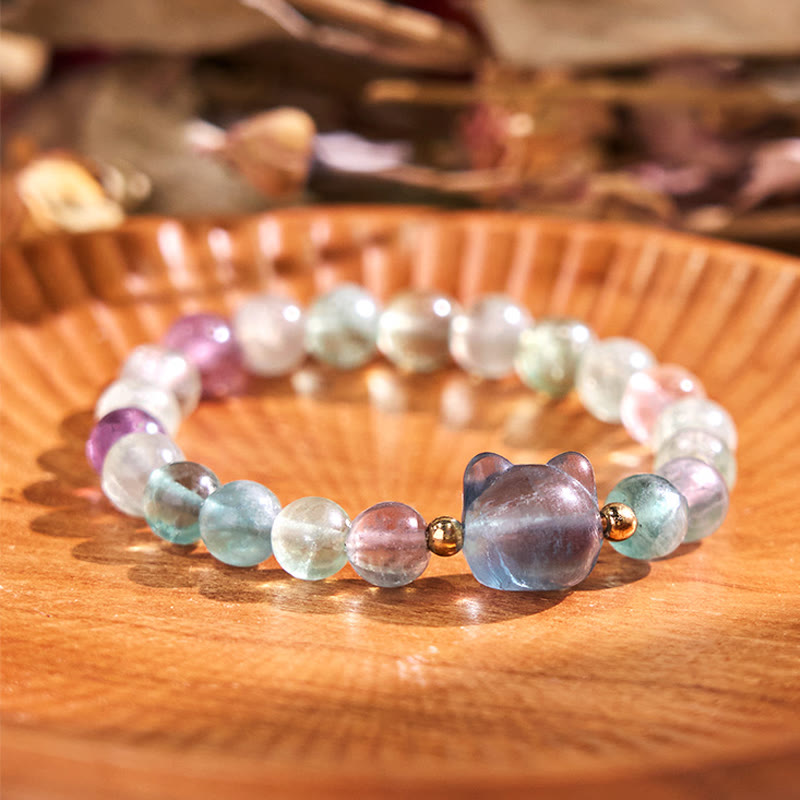 Bracelet porte-bonheur en Buddha Stones, améthyste, aventurine verte, quartz rose, fluorite, tête de chat - Fluorite (circonférence du poignet : 16-17 cm) - image 16