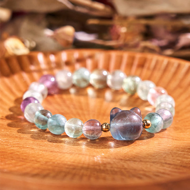 Bracelet porte-bonheur en Buddha Stones, améthyste, aventurine verte, quartz rose, fluorite, tête de chat - Fluorite (circonférence du poignet : 16-17 cm) - image 16