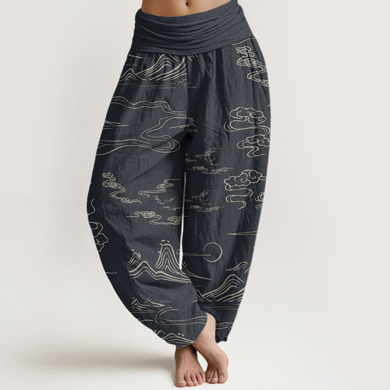 Pantalon harem à taille élastique pour femme , Buddha Stones, montagne de coton, lune et nuages ​​de bon augure - Gris ardoise clair - US22，UK/AU26，EU54 (6XL) - image 0