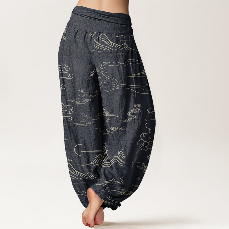 Pantalon harem à taille élastique pour femme , Buddha Stones, montagne de coton, lune et nuages ​​de bon augure - image 2