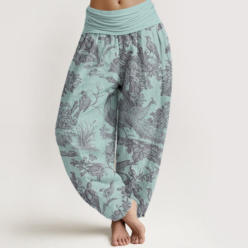 Pantalon harem à taille élastique pour femme, motif Buddha Stones, oiseaux, arbres et branches en coton - Turquoise pâle - US22，UK/AU26，EU54 (6XL) - image 4