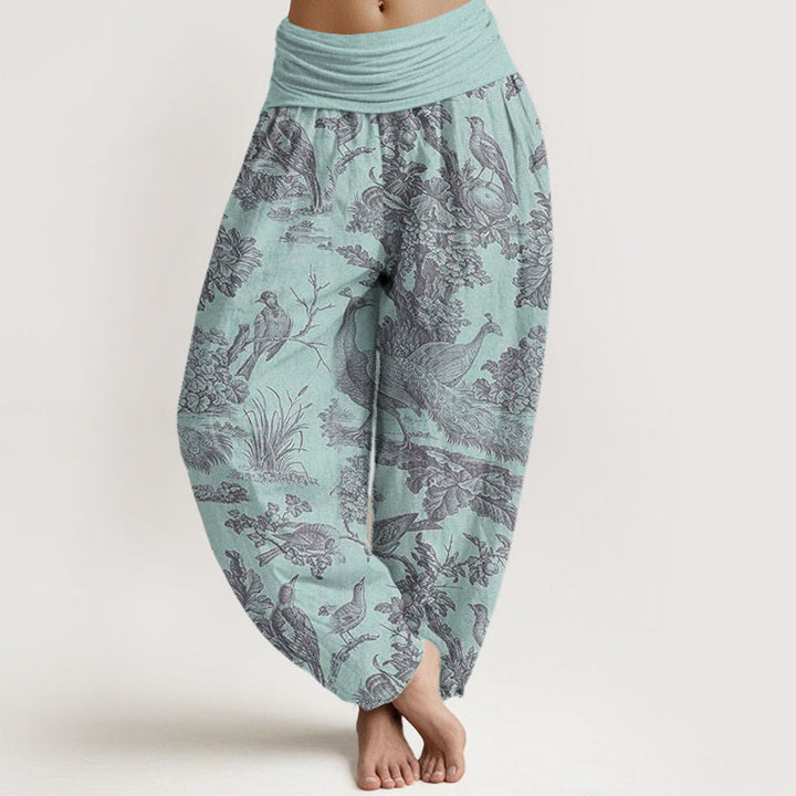 Pantalon harem à taille élastique pour femme, motif Buddha Stones, oiseaux, arbres et branches en coton - Turquoise pâle - US22，UK/AU26，EU54 (6XL) - image 4