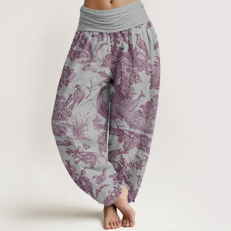 Pantalon harem à taille élastique pour femme, motif Buddha Stones, oiseaux, arbres et branches en coton - Gris clair - US22，UK/AU26，EU54 (6XL) - image 5