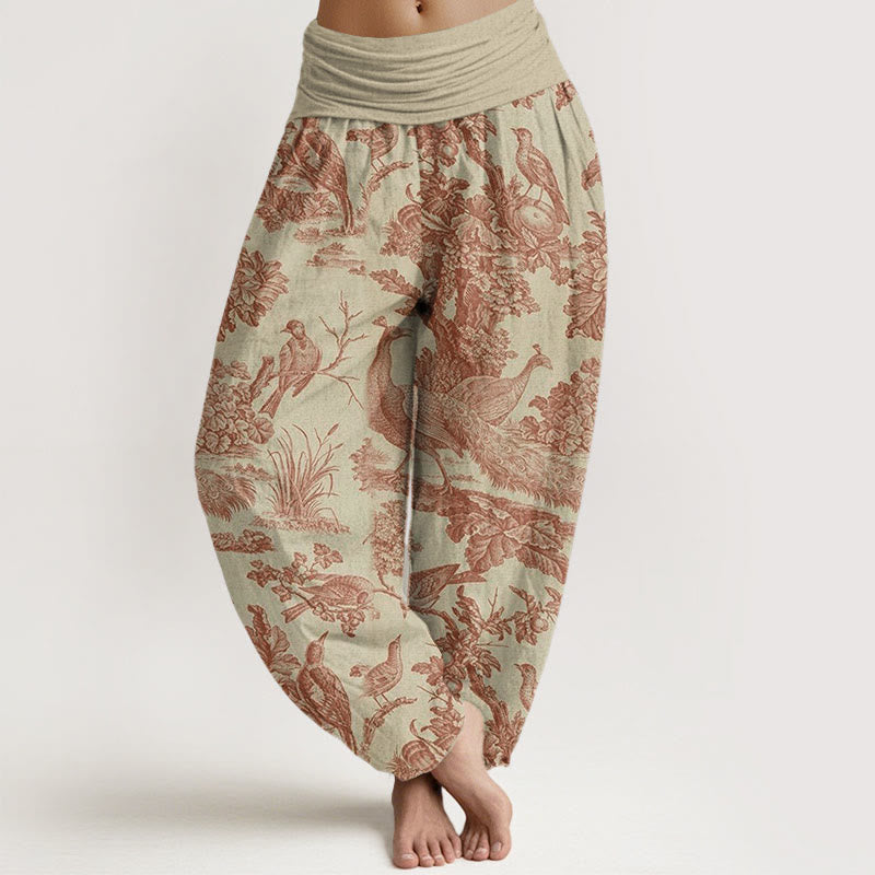 Pantalon harem à taille élastique pour femme, motif Buddha Stones, oiseaux, arbres et branches en coton - Jaune d'or pâle - US22，UK/AU26，EU54 (6XL) - image 0