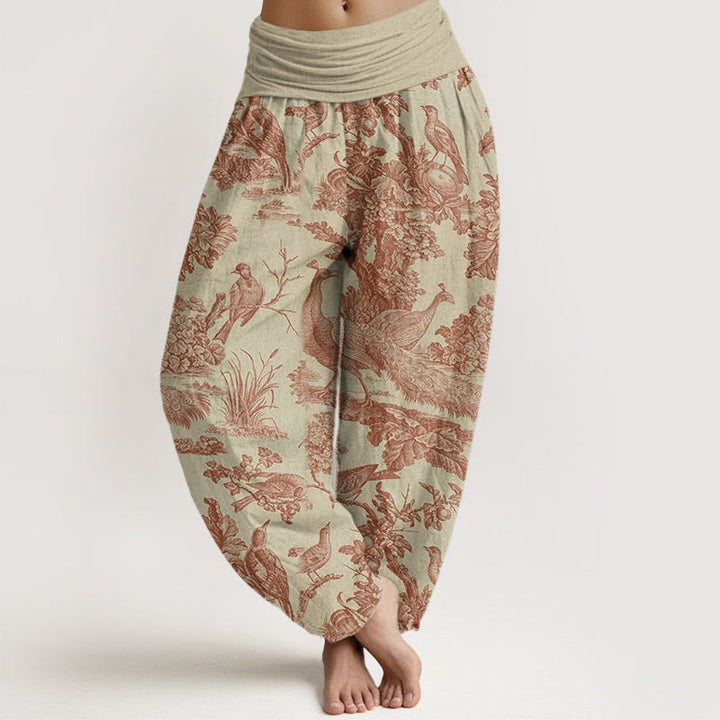 Pantalon harem à taille élastique pour femme, motif Buddha Stones, oiseaux, arbres et branches en coton - Jaune d'or pâle - US22，UK/AU26，EU54 (6XL) - image 0
