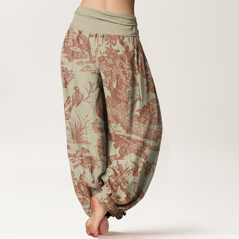 Pantalon harem à taille élastique pour femme, motif Buddha Stones, oiseaux, arbres et branches en coton - image 1