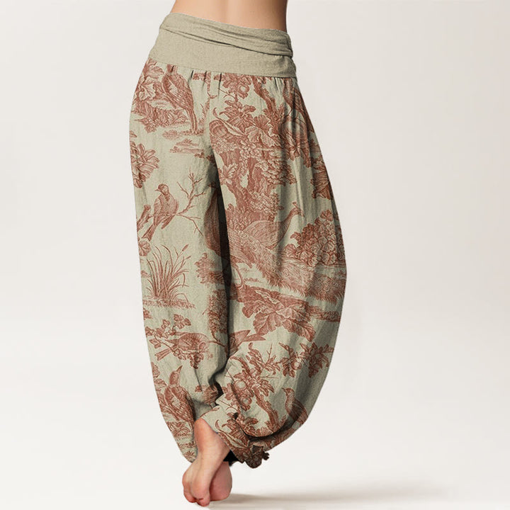 Pantalon harem à taille élastique pour femme, motif Buddha Stones, oiseaux, arbres et branches en coton - image 1