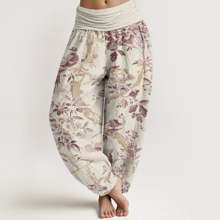 Pantalon sarouel à taille élastique pour femme avec motif de Buddha Stones' oiseaux, de branches et de fleurs - Jaune clair - US22，UK/AU26，EU54 (6XL) - image 5