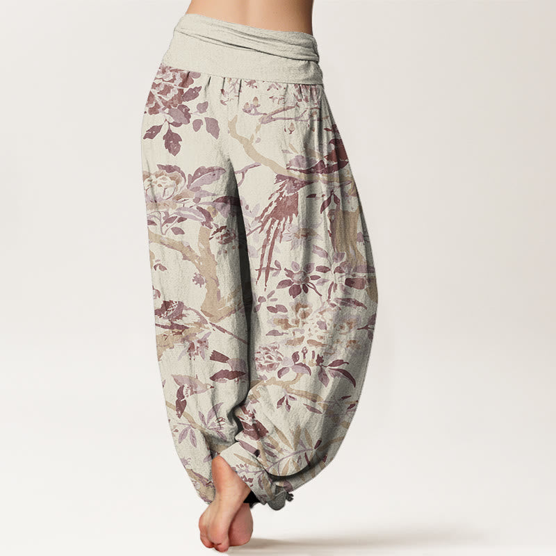 Pantalon harem à taille élastique pour femme, motif Buddha Stones, oiseaux, branches et fleurs en coton - image 5