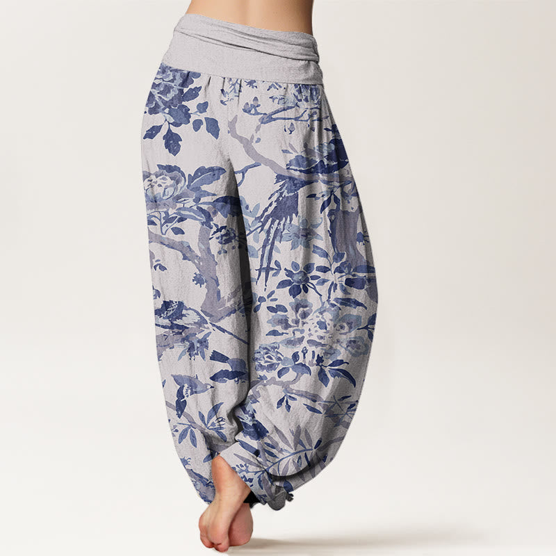 Pantalon sarouel à taille élastique pour femme avec motif de Buddha Stones' oiseaux, de branches et de fleurs - image 8