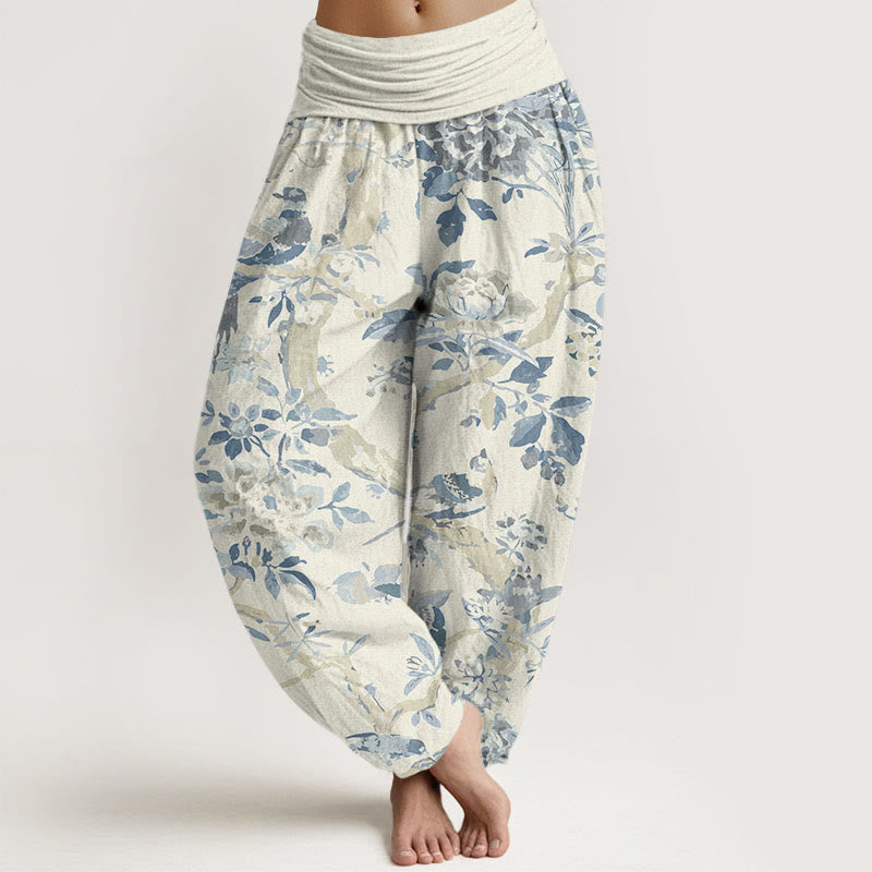 Pantalon sarouel à taille élastique pour femme avec motif de Buddha Stones' oiseaux, de branches et de fleurs - Beige - US22，UK/AU26，EU54 (6XL) - image 1