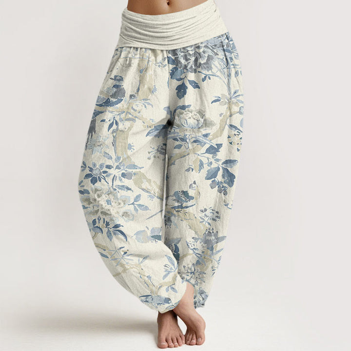 Pantalon sarouel à taille élastique pour femme avec motif de Buddha Stones' oiseaux, de branches et de fleurs - Beige - US22，UK/AU26，EU54 (6XL) - image 1