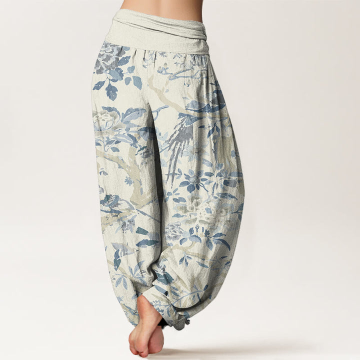 Pantalon sarouel à taille élastique pour femme avec motif de Buddha Stones' oiseaux, de branches et de fleurs - image 1