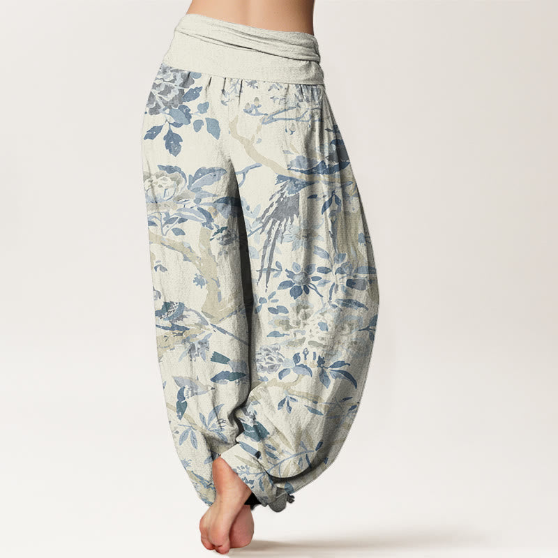Pantalon harem à taille élastique pour femme, motif Buddha Stones, oiseaux, branches et fleurs en coton - image 1