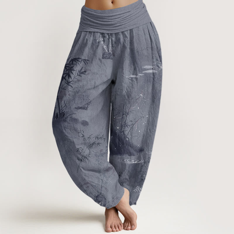 Pantalon harem à taille élastique pour femme, en coton, style décontracté, imprimé encre de bambou et pierres de Buddha Stones - Gris ardoise - US22，UK/AU26，EU54 (6XL) - image 0
