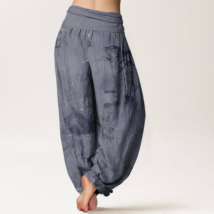 Pantalon Buddha Stones décontracté à taille élastique avec motif de roche en bambou et peinture à l'encre pour femme - image 2
