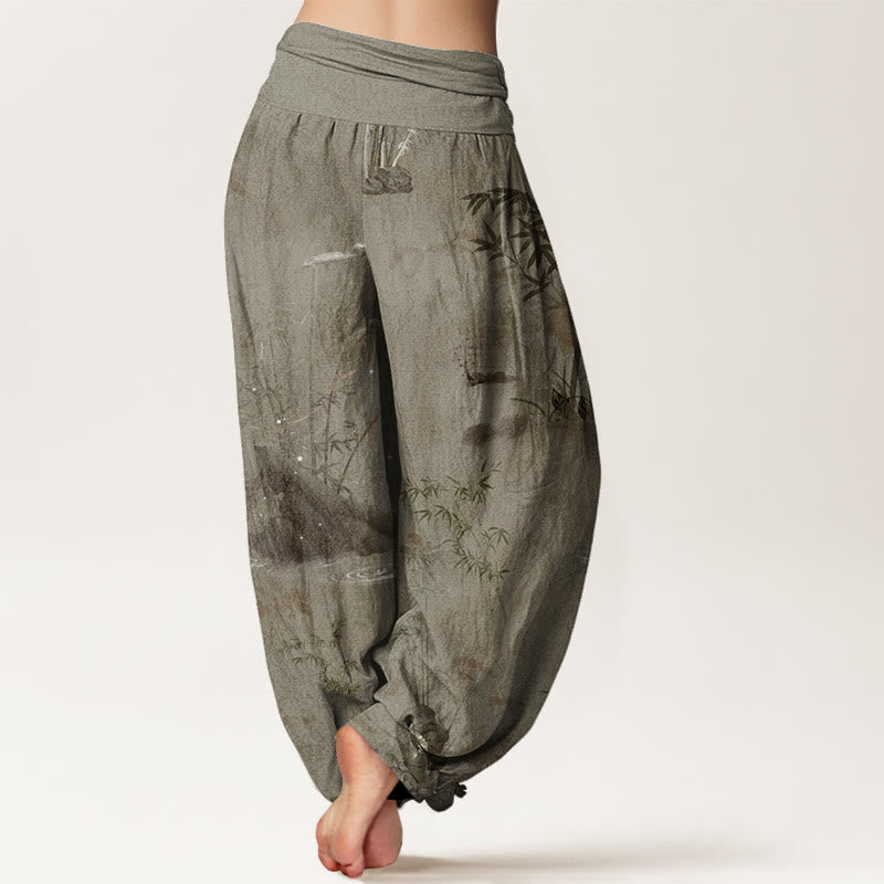 Pantalon Buddha Stones décontracté à taille élastique avec motif de roche en bambou et peinture à l'encre pour femme - image 7