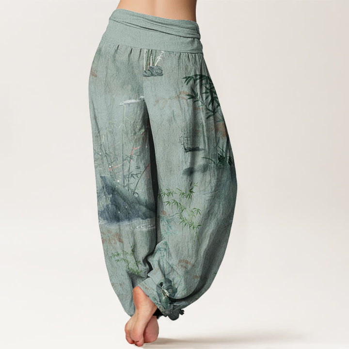 Pantalon Buddha Stones décontracté à taille élastique avec motif de roche en bambou et peinture à l'encre pour femme - image 10