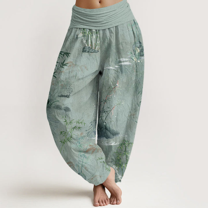 Pantalon harem à taille élastique pour femme, en coton, style décontracté, imprimé encre de bambou et pierres de Buddha Stones - Vert foncé - US22，UK/AU26，EU54 (6XL) - image 7