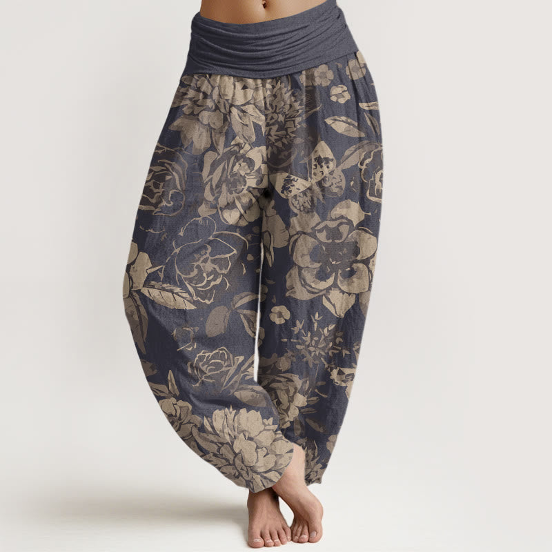 Pantalon harem décontracté en coton à motif de pivoines et feuilles, avec taille élastique, orné de Buddha Stones - Bleu ardoise foncé - US22，UK/AU26，EU54 (6XL) - image 0