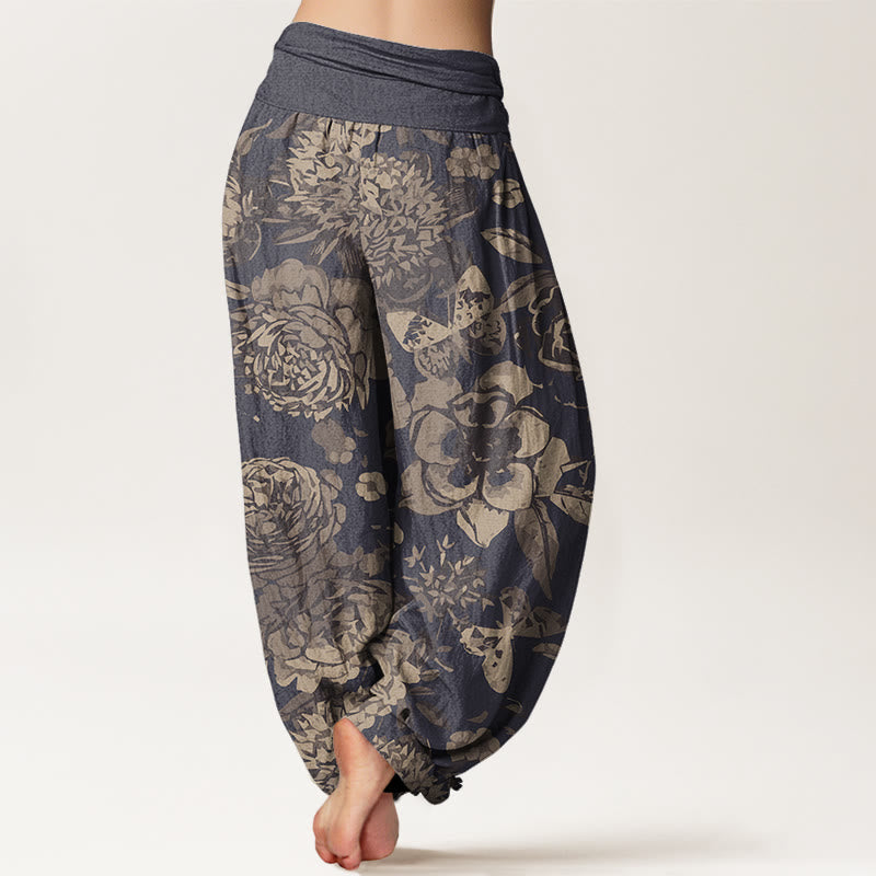 Pantalon harem décontracté en coton à motif de pivoines et feuilles, avec taille élastique, orné de Buddha Stones - image 2