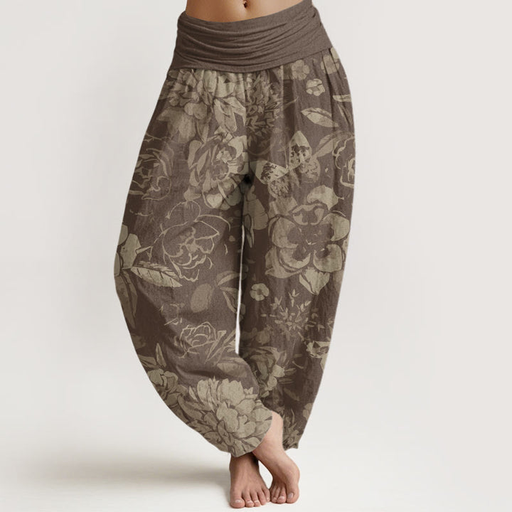 Pantalon harem décontracté en coton à motif de pivoines et feuilles, avec taille élastique, orné de Buddha Stones - Tanné - US22，UK/AU26，EU54 (6XL) - image 4
