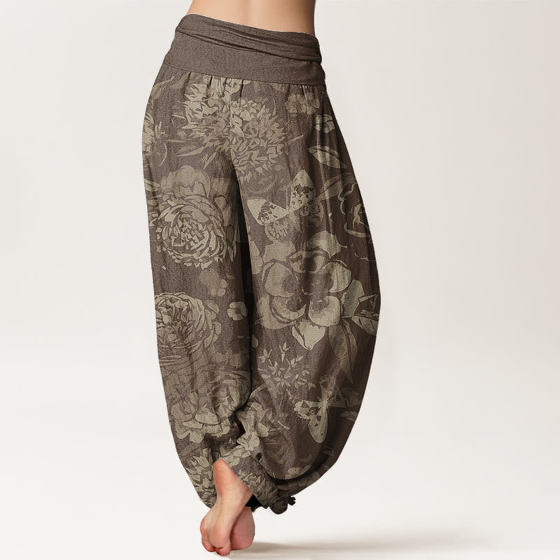 Pantalon harem décontracté en coton à motif de pivoines et feuilles, avec taille élastique, orné de Buddha Stones - image 6