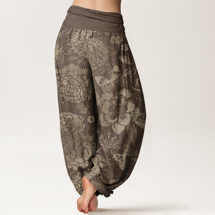 Pantalon harem décontracté en coton à motif de pivoines et feuilles, avec taille élastique, orné de Buddha Stones - image 6