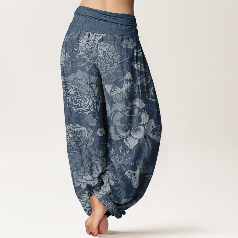 Pantalon harem décontracté en coton à motif de pivoines et feuilles, avec taille élastique, orné de Buddha Stones - image 9