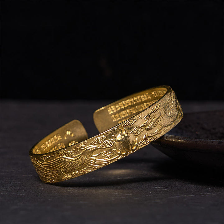 Bracelet porte-bonheur en cuivre et laiton sculpté avec Buddha Stones, dragon et phénix jouant avec une perle, Sutra du cœur