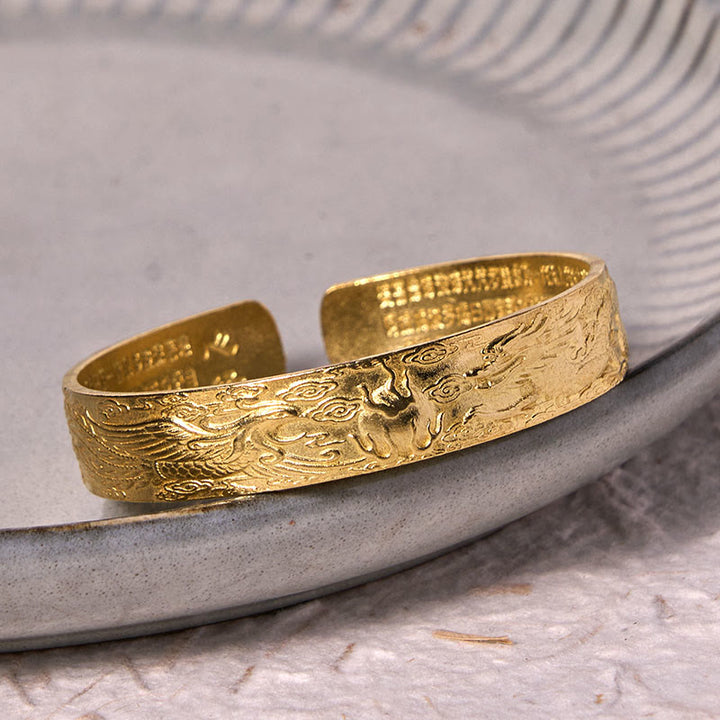 Bracelet porte-bonheur en cuivre et laiton sculpté avec Buddha Stones, dragon et phénix jouant avec une perle, Sutra du cœur