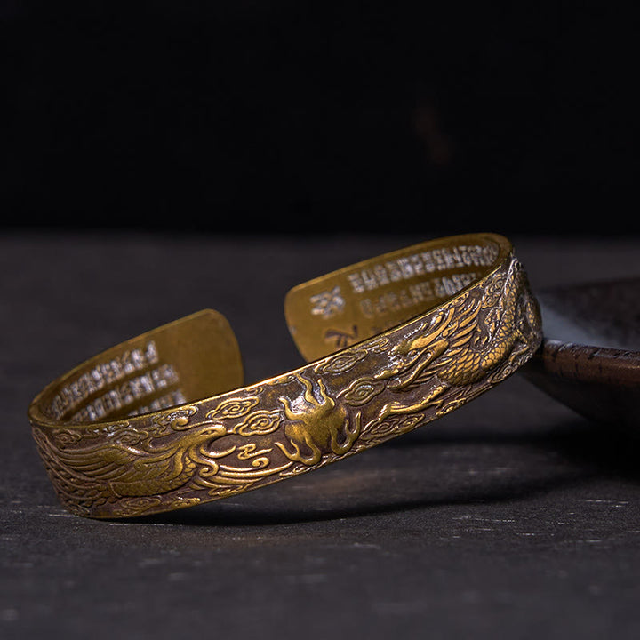 Bracelet porte-bonheur en cuivre et laiton sculpté avec Buddha Stones, dragon et phénix jouant avec une perle, Sutra du cœur
