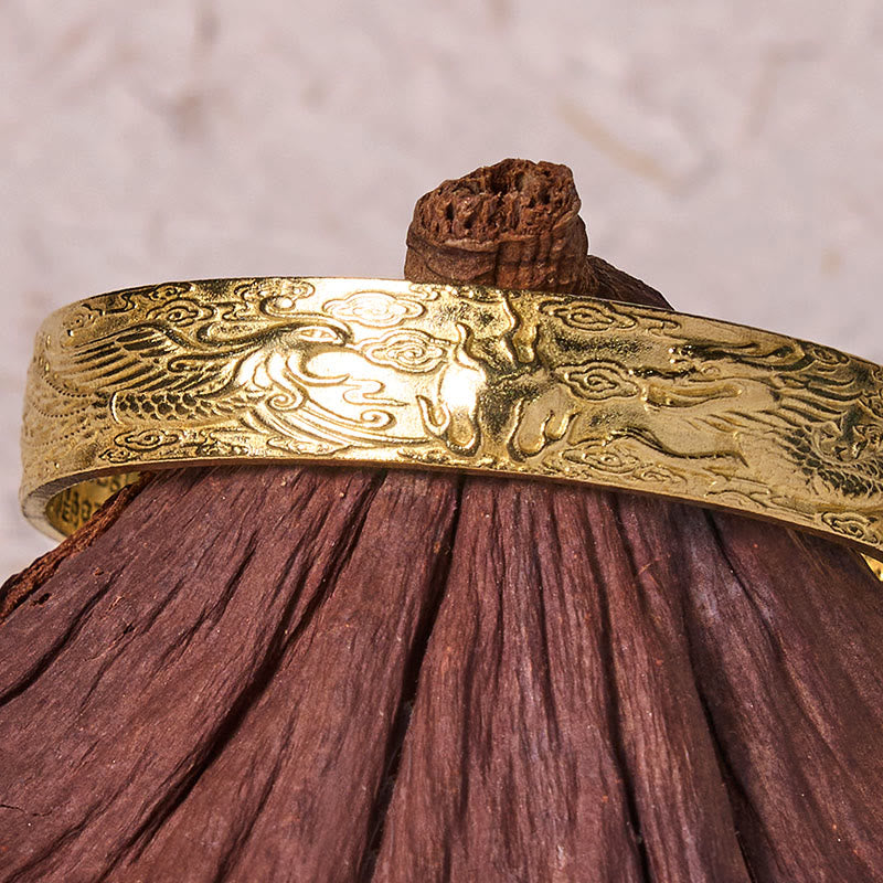 Bracelet porte-bonheur en cuivre et laiton sculpté avec Buddha Stones, dragon et phénix jouant avec une perle, Sutra du cœur
