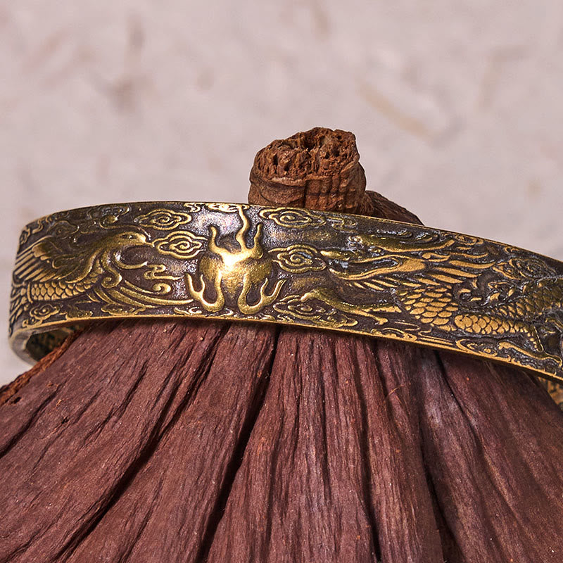 Bracelet porte-bonheur en cuivre et laiton sculpté avec Buddha Stones, dragon et phénix jouant avec une perle, Sutra du cœur