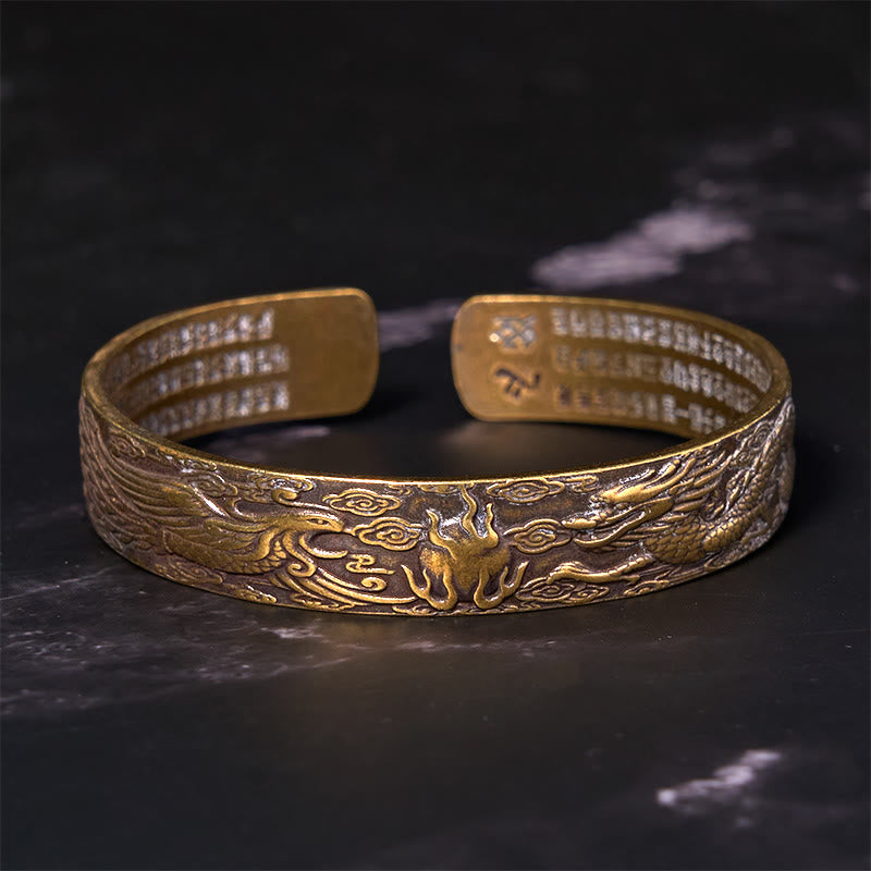 Bracelet porte-bonheur en cuivre et laiton sculpté avec Buddha Stones, dragon et phénix jouant avec une perle, Sutra du cœur